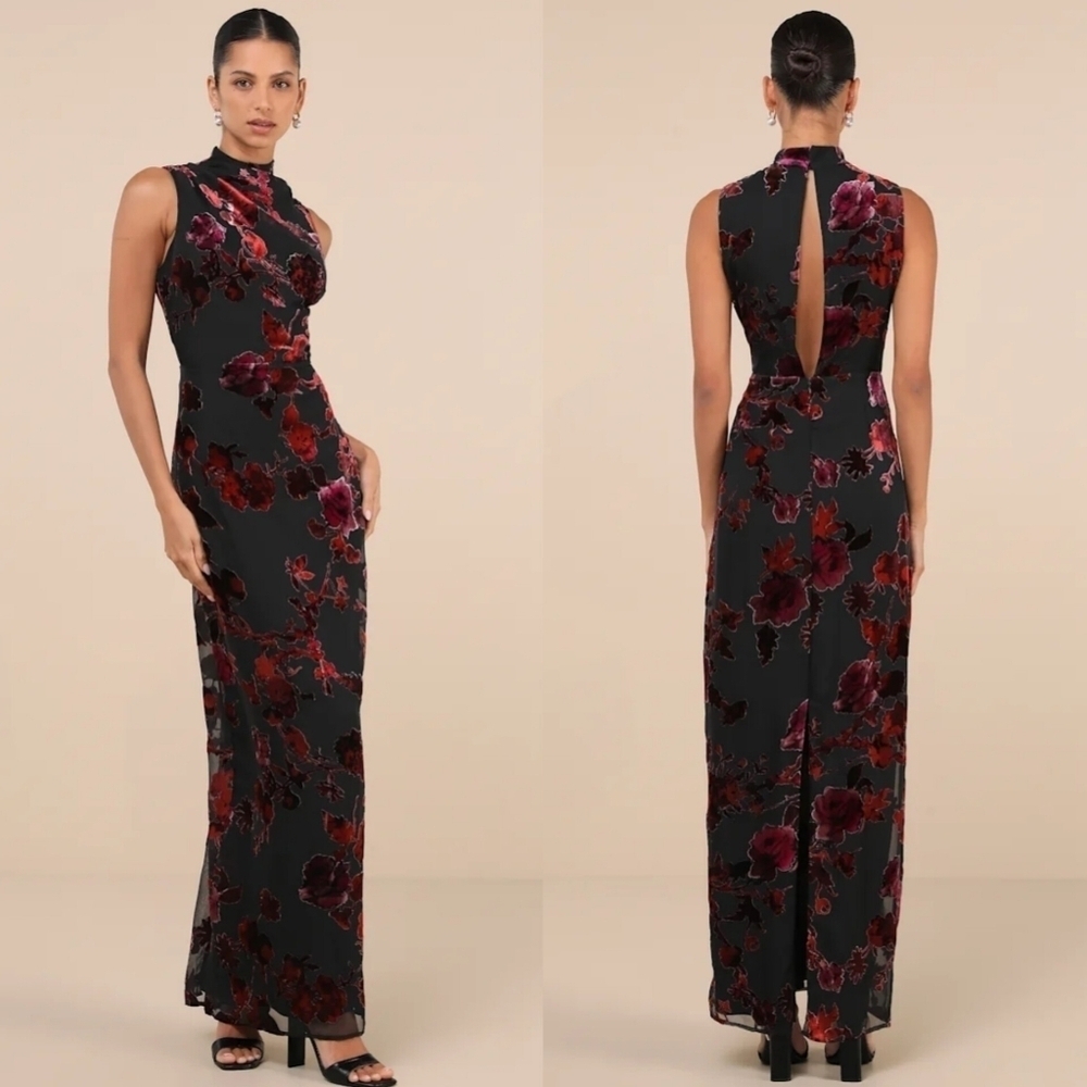 Lulus Composed Glamour Black Burnout Velvet Mock Neck Maxi Dress Wedding Party